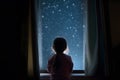 Little girl looking out window into starry night sky, Generative AI