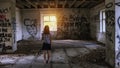 Little girl looking towards the window in abandonded building.