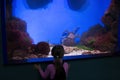 Little girl looks at the king crab in aquarium