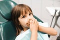 little girl lying in a dentist chair and covering her mouth, being afraid of the checkup at the dentists Royalty Free Stock Photo
