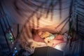 Little girl lying in a teepee, playing with the flashlight Royalty Free Stock Photo