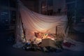 Little girl lying in a teepee, playing with the flashlight Royalty Free Stock Photo