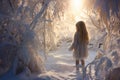 Little girl in magic snowy winter forest