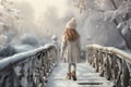 Little girl in magic snowy winter forest