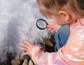 Little girl with a magnifying glass in her hand investigate needle ice , needle-shaped column of ice formed by groundwater.