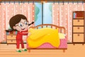 Little girl making bed in bedroom