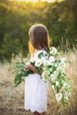 Little girl in a meadow with white wild summer flowers Royalty Free Stock Photo