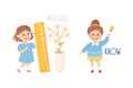 Little Girl Measuring Flower and Knowing Demonstrating Vocabulary and Verb Studying Vector Set