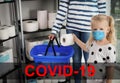 Girl with medical mask and mother buying toilet paper in shop. Panic of coronavirus outbreak