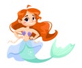 Little Girl Mermaid with Fish Tail and Wavy Hair Vector Illustration