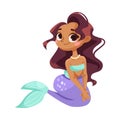 Little Girl Mermaid with Fish Tail and Wavy Hair Vector Illustration