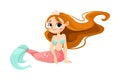 Little Girl Mermaid with Fish Tail and Wavy Hair Vector Illustration