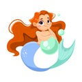 Little Girl Mermaid with Fish Tail and Wavy Hair Vector Illustration