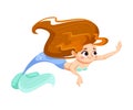 Little Girl Mermaid with Fish Tail and Wavy Hair Vector Illustration