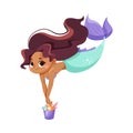 Little Girl Mermaid with Fish Tail and Wavy Hair Vector Illustration