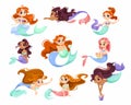 Little Girl Mermaid with Fish Tail and Wavy Hair Vector Set