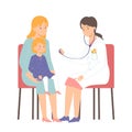 Little girl with mom at the doctor`s appointment. Mom and child are examined by a pediatrician. Vector illustration for banners,