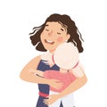 Little Girl and Mom Hugging Feel Happy Vector Illustration