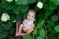 Little girl 10 months old sitting in flowers in summer in a beautiful dress, top view, artistic photo of a child in the grass