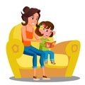 Little Girl And Mother Reads A Book On The Sofa Vector. Isolated Illustration Royalty Free Stock Photo