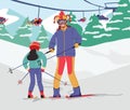 Little Girl and Mother or Tutor Skiing at Winter Resort. Child Learning to Stand on Skis. Outdoors Sports, Leisure