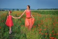 Little girl with mother walking on the poppy field Royalty Free Stock Photo