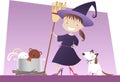 Little girl n witch costume playing to be a witch with broom dog and spells
