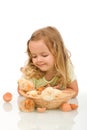 Little girl observing her chicken babies