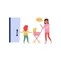 Little girl open the door to young mom with baby carriage. Kid with good manners. Politeness theme. Flat vector design