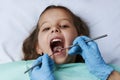 Little girl with open mouth sitting in the dentist`s chair