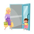 Little Girl Opening Door to Young Woman with Shopping Bags Vector Illustration