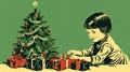 A little girl is opening presents near a christmas tree, AI