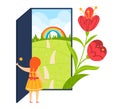 Little girl in an orange dress opening a door to a sunny meadow with a rainbow. Child entering a magical world with