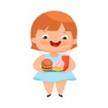 Little Girl with Overweight and Body Fat Overeating Vector Illustration