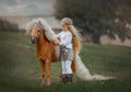 Little girl with palomino miniature horse in summer day Royalty Free Stock Photo