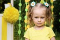 Little girl on paper circle colorful curtain garland bacground