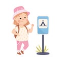 Little Girl Pedestrian Learning Road Sign and Traffic Rule Vector Illustration Royalty Free Stock Photo