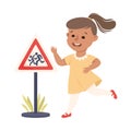 Little Girl Pedestrian Learning Road Sign and Traffic Rule Vector Illustration