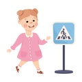 Little Girl Pedestrian Learning Road Sign and Traffic Rule Vector Illustration Royalty Free Stock Photo