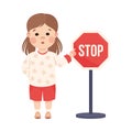 Little Girl Pedestrian Learning Road Sign and Traffic Rule Vector Illustration Royalty Free Stock Photo