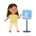 Little Girl Pedestrian Learning Road Sign and Traffic Rule Vector Illustration Royalty Free Stock Photo