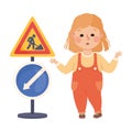 Little Girl Pedestrian Learning Road Sign and Traffic Rule Vector Illustration Royalty Free Stock Photo