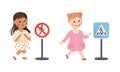 Little Girl Pedestrian Learning Road Sign and Traffic Rule Vector Illustration Set Royalty Free Stock Photo