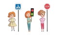 Little Girl Pedestrian Learning Road Sign and Traffic Rule Vector Set