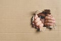 Little girl peeking from a hole on cardboard box. Royalty Free Stock Photo