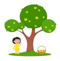 Little girl picking apples flat illustration.