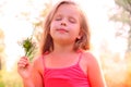 Little girl picking summer flowers in a field. Happy child enjoying nature outdoors. Sunlit  little girl smelling summer flowers Royalty Free Stock Photo