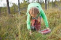 Little girl picking wild cranberries