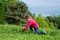 Little girl picks flowers in the meadow on the mountain. beautiful seascape