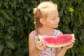 little girl with pigtails eating delicious watermelon on the street, bright sunny holidays